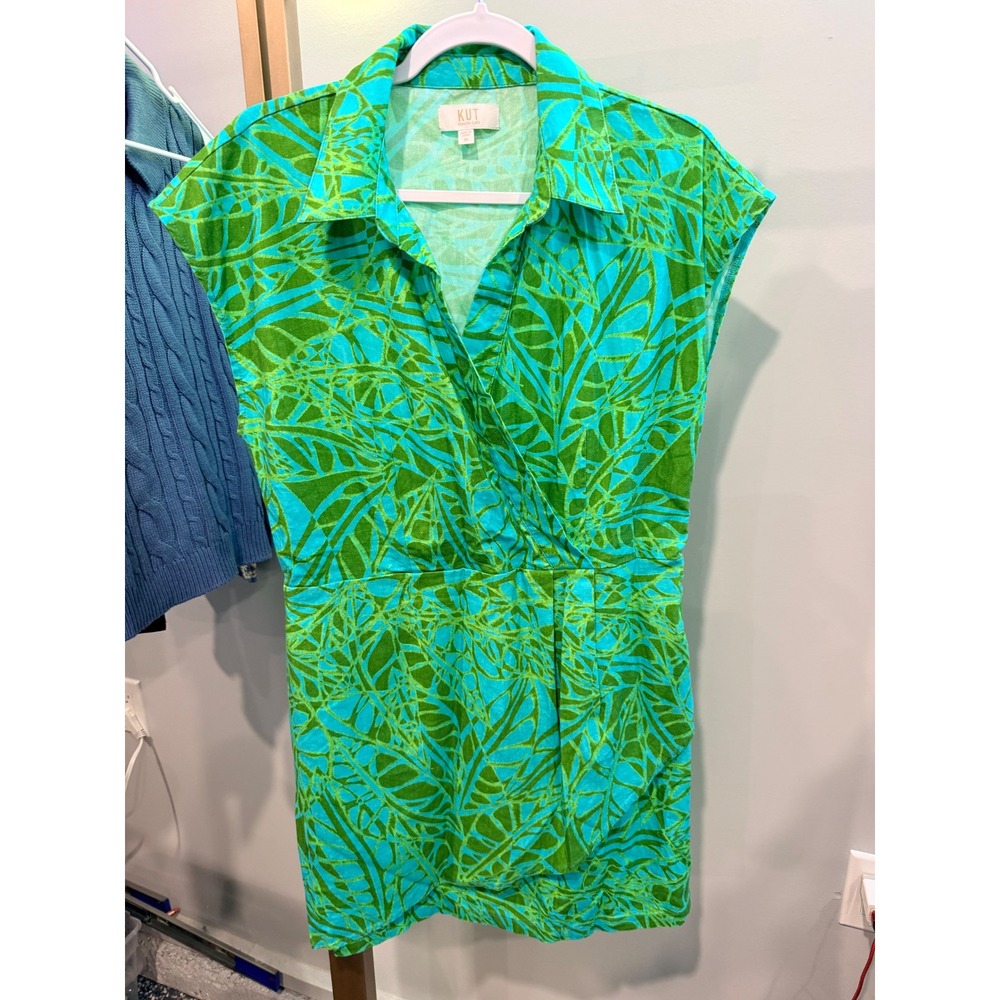 KUT from the Kloth Green Turquoise Tropical Leaf Faux Wrap Mini Dress Medium
